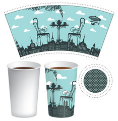 Vector paper Cup template for hot drink. Disposable cup for tea or coffee with a street cafe and served table on two on a background of old town with airship and clouds.