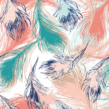 Soft Colorful Feathers Seamless Pattern. Elegant Vector Repeat  For Invitations, Beach Weddings, Cards, Decor, Textiles And Spring Or Summer Fashion. Marbleized Look In Teal, Coral, Blue And Peach.