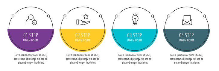 Modern line vector illustration. Infographic circles template with four elements, sectors, icons. Designed for business, presentations, web design, interface, workflow layout, diagrams with 4 steps