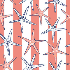 Sea star seamless beach pattern. Colorful coral, white, navy blue repeat design, great for beach wedding invitations, coastal home decor design, nautical textiles, summer fashion and swimwear. Vector.