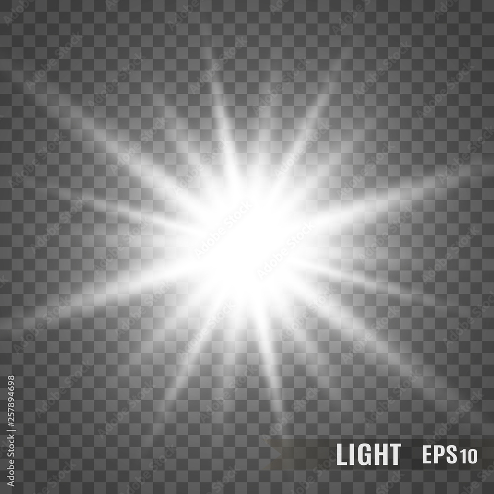 White glowing light.Vector transparent sunlight special lens flare effect. Bright beautiful star. Light from the rays. - obrazy, fototapety, plakaty 