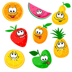 Wall Mural - Cute and funny fruit characters with eyes. Vector fruit isolates on white background