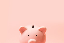 Pink Piggy Bank Isolated On White Background, Side View