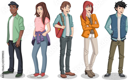 Group of cartoon young people. Teenagers.