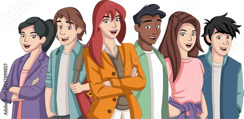 Group of cartoon young people. Teenagers.