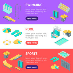 Poster - Swimming Pool Elements 3d Banner Horizontal Set Isometric View. Vector