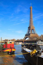 Barges On The River Seine, Near The Eiffel Tower, Paris