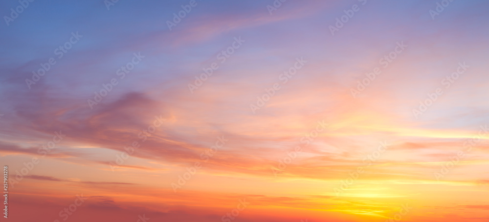 Majestic real sunrise sundown sky background with gentle colorful clouds - obrazy, fototapety, plakaty 