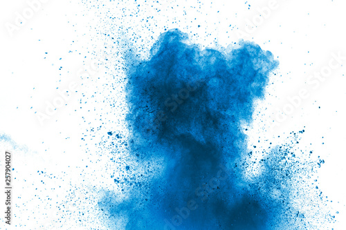 Blue color powder explosion cloud on white background.Closeup of Blue dust pa...