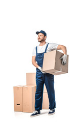 Sticker - handsome mover in uniform carrying cardboard box isolated on white