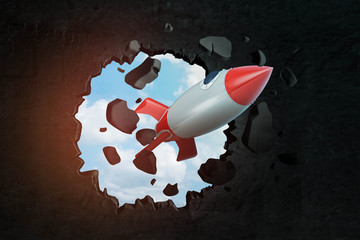 3d closeup rendering of toy space rocket punching hole in black wall with sky peeking through.