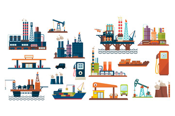 Sticker - Oil industry set, extraction, refinery and transportation oil and petrol with gas station, vector Illustrations on a white background