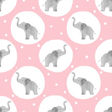 Watercolor Cute Elephants Pattern. Vector Seamless Dotted Background For Kids.