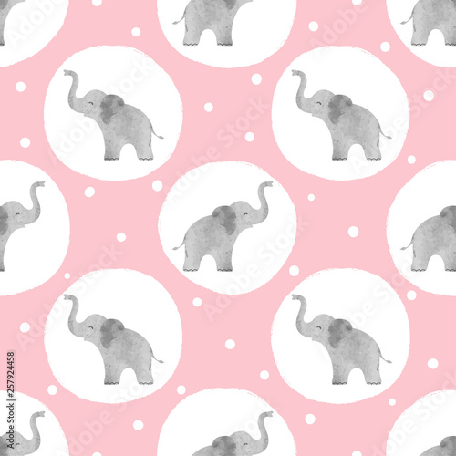 Watercolor cute elephants pattern. Vector seamless dotted background for kids.