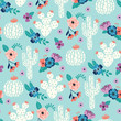 Vector seamless pattern with hand drawn cactus and floral bouquets on a blue background