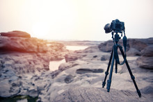 Setup Camera On Tripod For  Shooting View During Sunset Or Sunrise