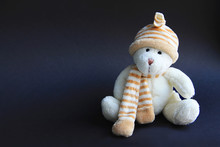 White Toy Bear In Hat And Scarf On A Black Background