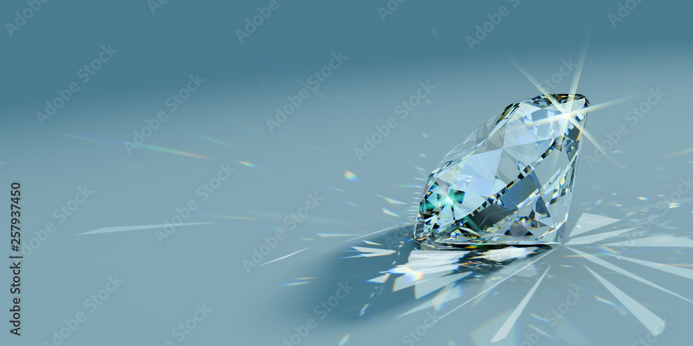 Close-up round cut diamond with caustics rays on turquoise background, side view - obrazy, fototapety, plakaty 
