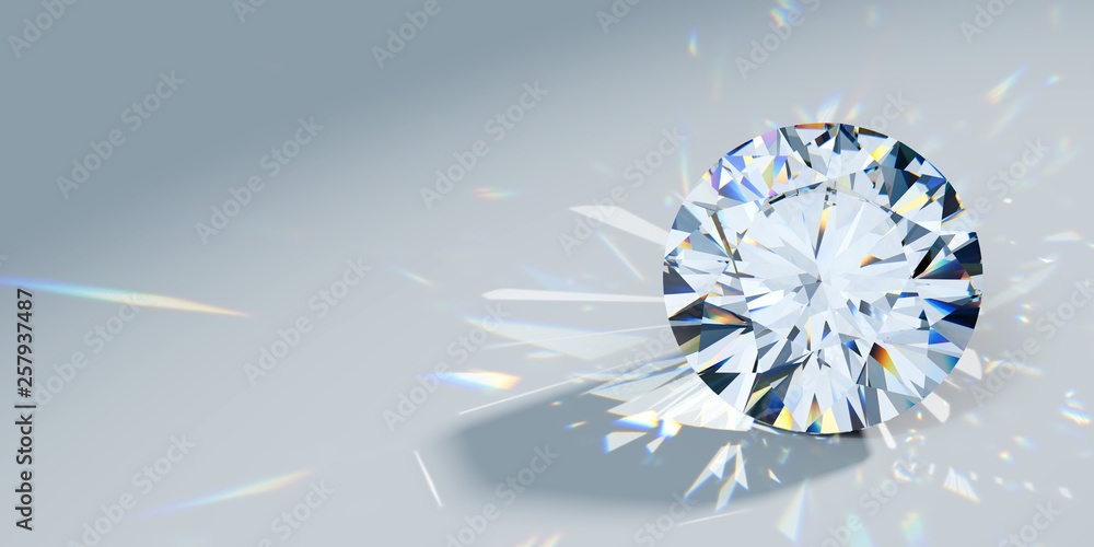 Close-up round cut diamond with caustics rays on light blue background - obrazy, fototapety, plakaty 