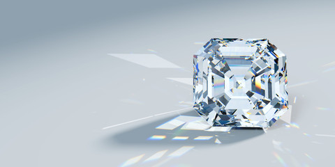 Wall Mural - Close-up asscher cut diamond with caustics rays on light blue background