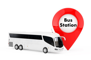 Poster - Big White Coach Tour Bus near Target Pin Pointer with Bus Station Sign. 3d Rendering