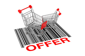 Aufkleber - Two Empty Shopping Carts over Abstract Bar Code with Offer Sign. 3d Rendering