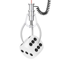 Poster - White Game Dice Cube in Chrome Robotic Claw. 3d Rendering