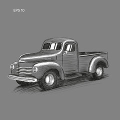 Sticker - Old retro farmer pickup truck vector illustration. Hand drawn icon.