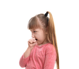 Cute little girl coughing against white background