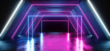 Fototapeta Do przedpokoju - Sci Fi Neon Glowing Purple Blue Vibrant Virtual Reality Cyber Laser Show Stage Long Concrete Triangle Tunnel Corridor Underground Garage Hall Structure Metal Ship 3D Rendering