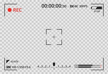 Video camera viewfinder on transparent background. Focusing screen of the camera. Concept graphic element screen photo frame. Exposure settings. Template for your design.