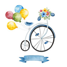 Beautiful Circus Illustration.Bike With Flowers,multicolored Balloons And Ribbon Banner.Perfect For Wedding,invitations,blogs,template Card,Birthday Cards,baby Cards,patterns And More