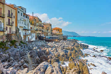 Wall Mural - Houses on rocky coast in Cefalu