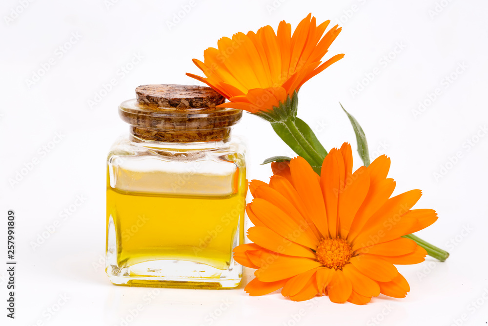 Herbal calendula officinalis in the glass and drop oil Isolated - obrazy, fototapety, plakaty 
