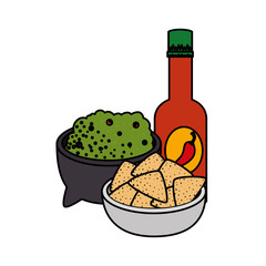 Canvas Print - guacamole sauce with nachos and hot sauce