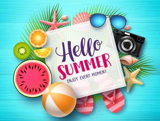 Wall Mural - Hello summer vector banner template. Hello summer text in white space boarder with colorful beach elements like tropical fruits a beach ball in blue wood textured background. Vector illustration.