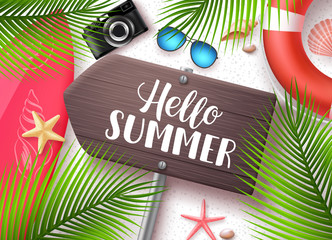 Wall Mural - hello summer vector banner. wooden sign board with hello summer text and beach elements like surfboa