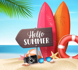 Wall Mural - hello summer vector design concept. wooden sign board with hello summer text and beach elements like