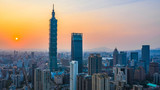 Fototapeta  - Taiwan city skyline at sunset, The beautiful sunset of Taipei, Aerial view Taiwan city skyline.