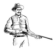 Hunter Standing With A Rifle. Ink Black And White Drawing