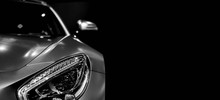 Detail On One Of The LED Headlights Modern Car Black And White For Copy Space