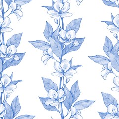 Blue floral seamless pattern. Monochrome watercolor background with flowers. Decorative border