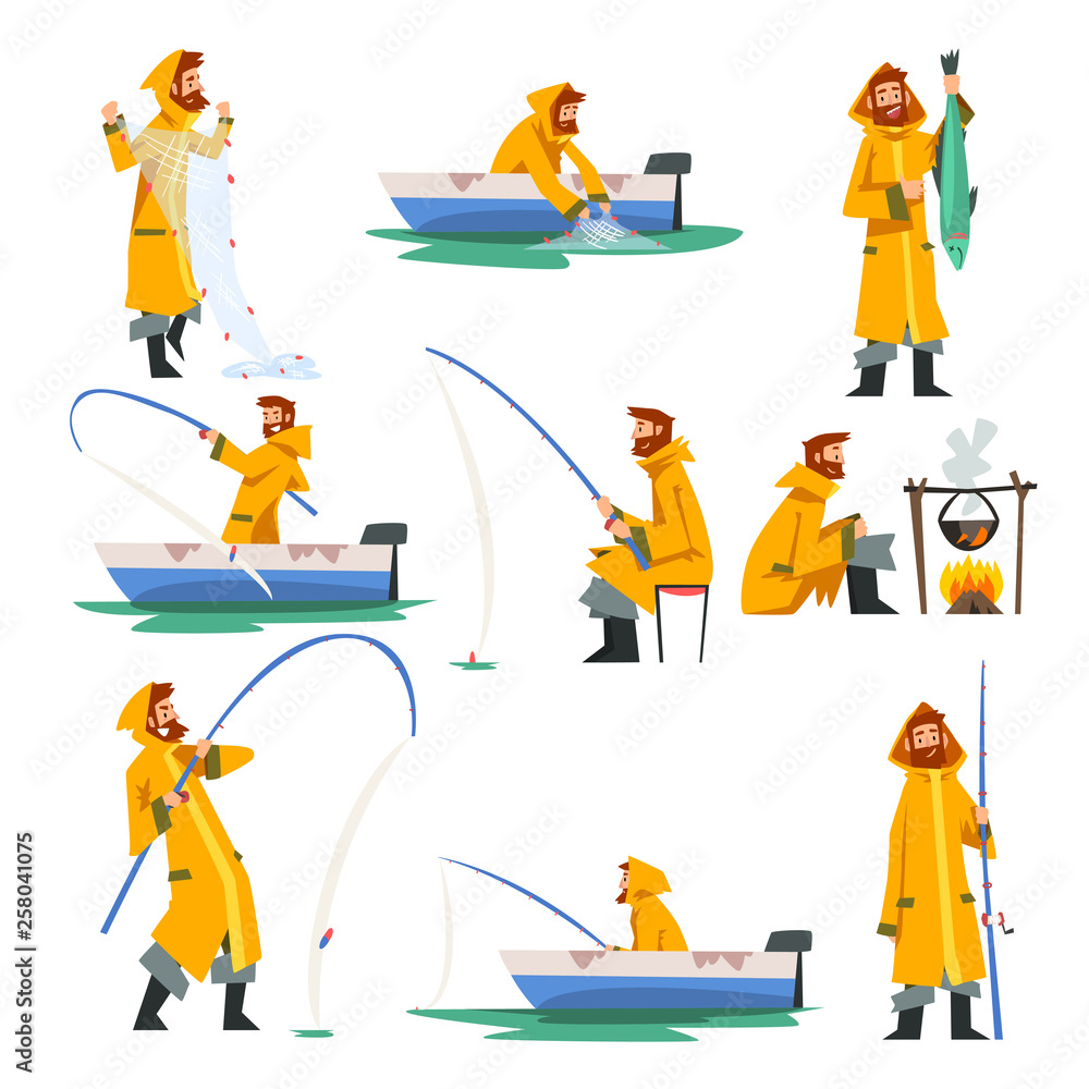 Fisherman Fishing with Net and Fishing Rod in Boat, Man Cooking on Bonfire Vector Illustration - obrazy, fototapety, plakaty 