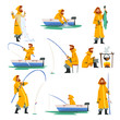 Fisherman Fishing with Net and Fishing Rod in Boat, Man Cooking on Bonfire Vector Illustration