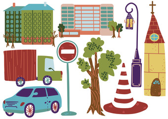 Wall Mural - City Street Elements, Various Outdoor Urban Symbols Vector Illustration