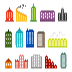 Sticker - 8-bit pixel style building icons. flat design style minimal vector illustration