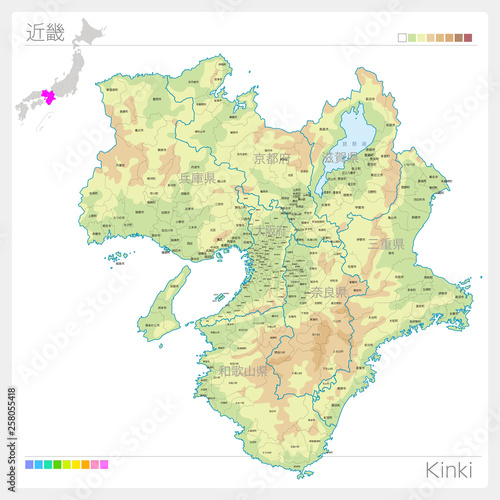 近畿の地図・Kinki（等高線・色分け）
