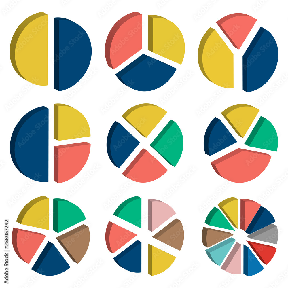 Set of colorful 3D pie charts. Circular diagrams and graphs. Business ...