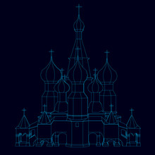 Contour Of The Church. Front View. Contour Of The Church Of Blue Lines On A Dark Background. Vector Illustration