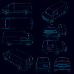 Wall Mural - Set with contours of the van. Contour of the van in different positions of the blue lines on a dark background. Vector illustration